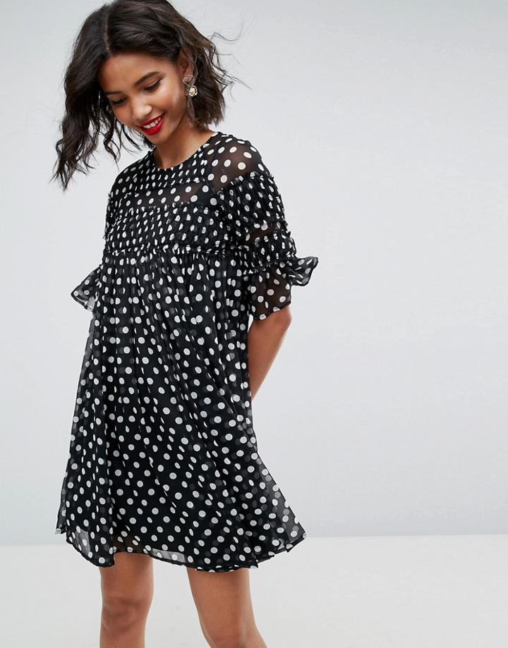 Asos Spot Smock Mini Dress With Shirring Detail-multi