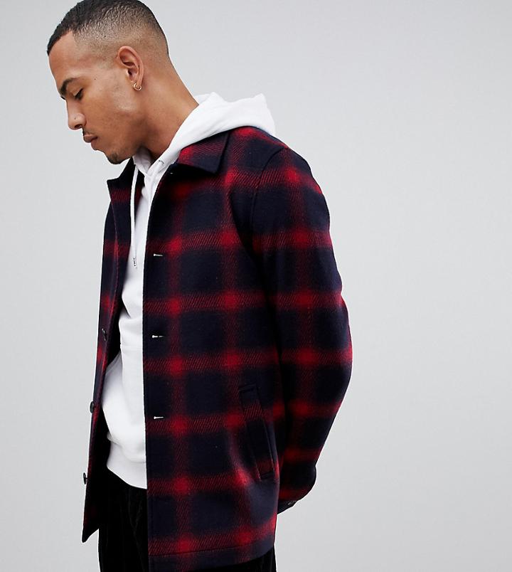 Asos Design Tall Wool Mix Button Through Jacket In Heritage Check - Red