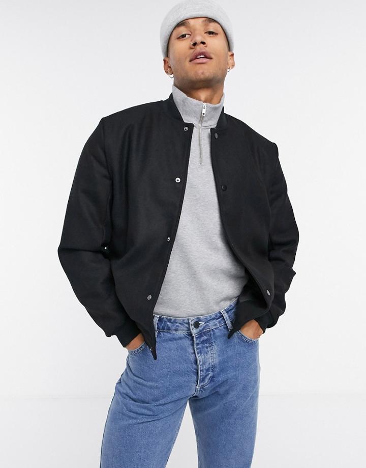 Asos Design Wool-blend Varsity Jacket In Black