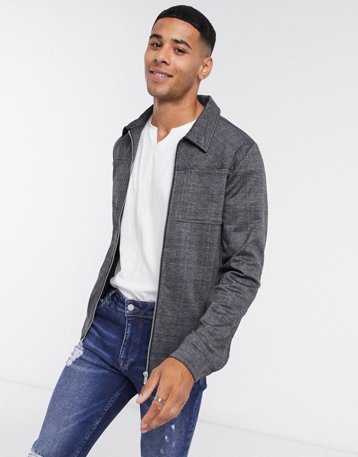 Jack & Jones Premium Boxy Zip Smart Jacket In Gray Check-grey