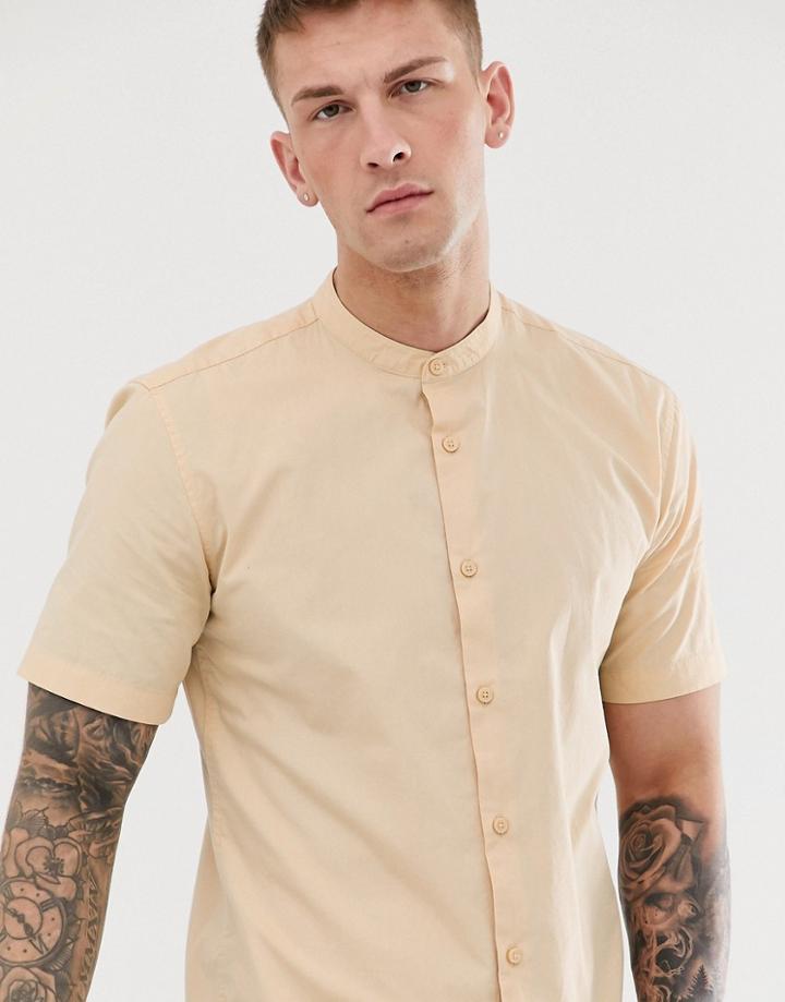 Only & Sons Grandad Collar Short Sleeve Shirt In Beige