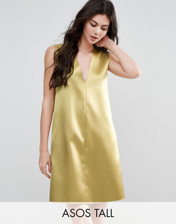 Asos Tall Deep V Satin Shift Dress - Green