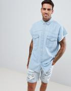 Asos Design Oversized Raw Edge Bleach Wash Denim Shirt - Blue