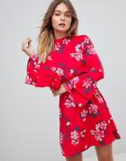 Influence High Neck Floral Dress With Tiered Sleeve - Multi