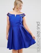 Little Mistress Plus Off Shoulder Bardot Mini Prom Dress With Floral Embellished Shoulders - Blue