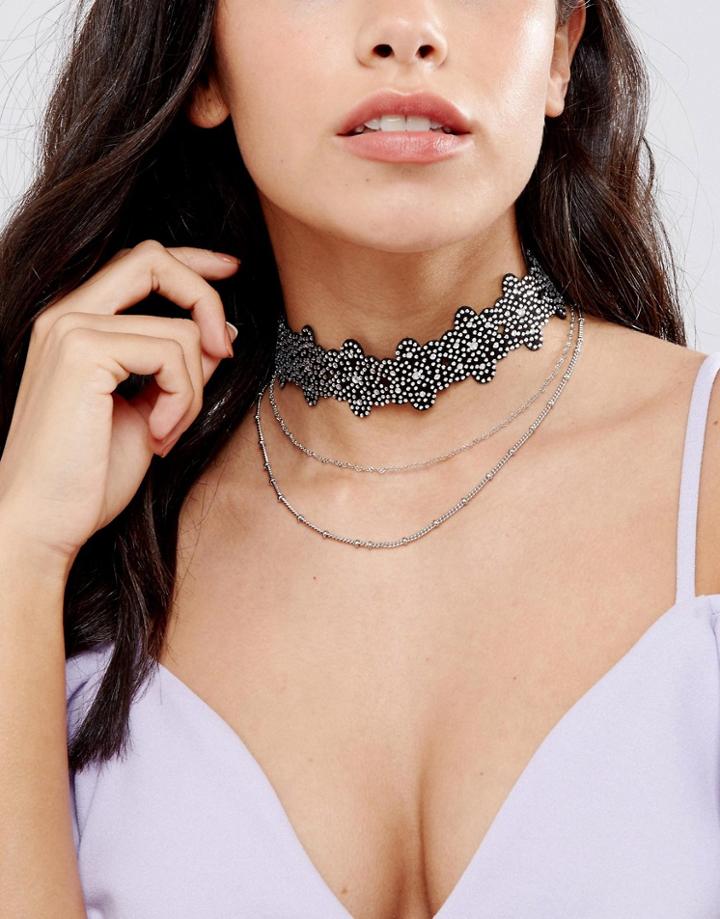 Asos Pack Of 3 Crystal Choker And Chain Necklaces - Clear