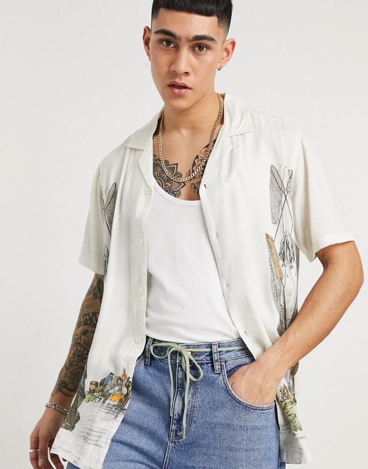 Asos Design Regular Camp Collar Shirt With Side Placement Ship Print-neutral