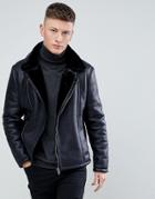 New Look Shearling Biker Jacket In Black - Black