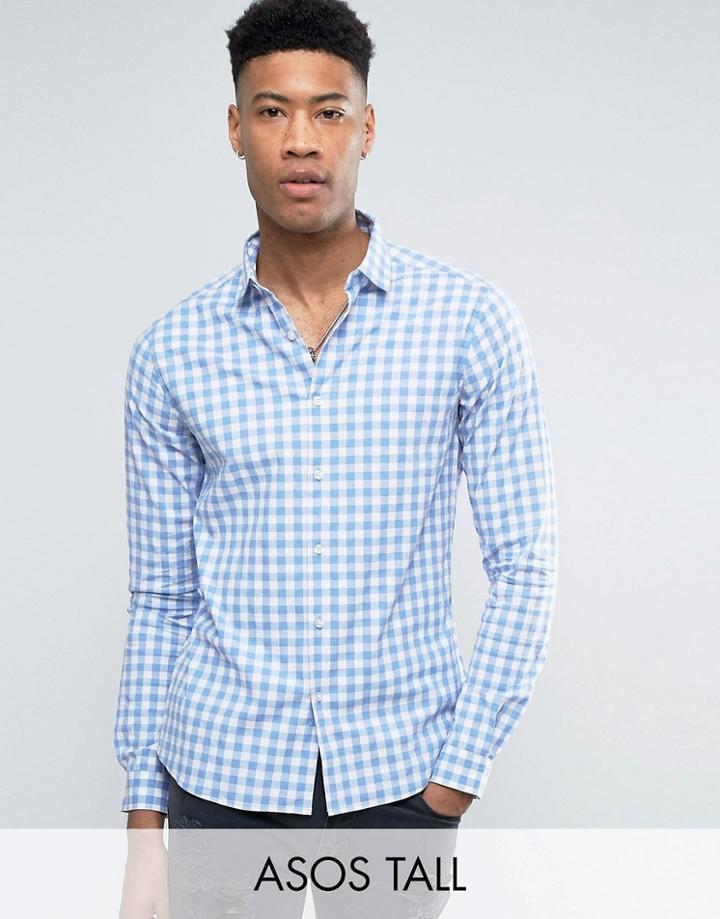 Asos Tall Slim Gingham Check Shirt With Stretch In Blue - Blue