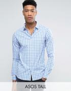 Asos Tall Slim Gingham Check Shirt With Stretch In Blue - Blue