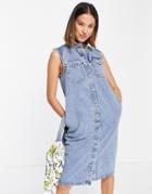 Noisy May Organic Cotton Blend Sleeveless Denim Midi Dress In Mid Blue Wash-blues