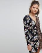 Missguided Floral And Leopard Print Plunge Neck Mini Dress - Black