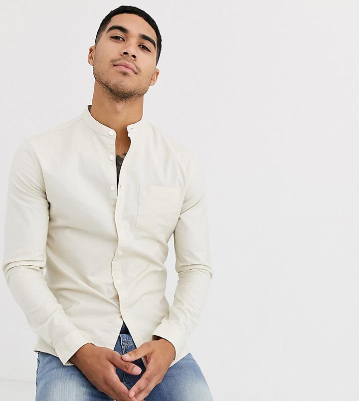 Asos Design Slim Fit Oxford Shirt With Grandad Collar In Beige-neutral