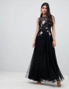 Little Mistress Floral Embellished Bodice Maxi Dress In Black - Black