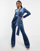 Asos Design Velvet Suit Kickflare Pants In Blue-blues