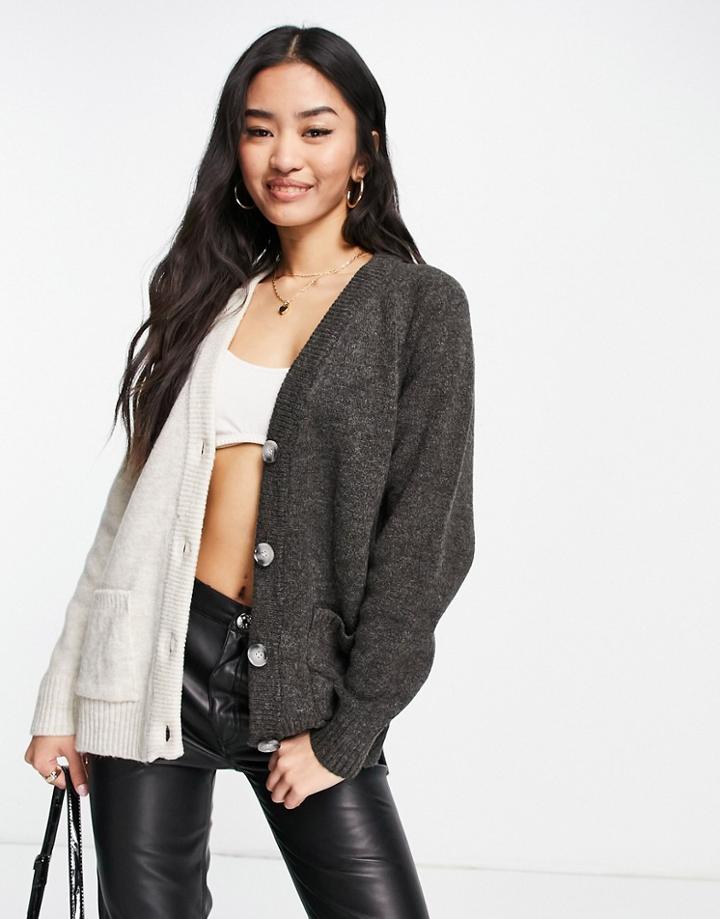 Pull & Bear Longline Color Block Cardigan In Ecru And Gray-multi