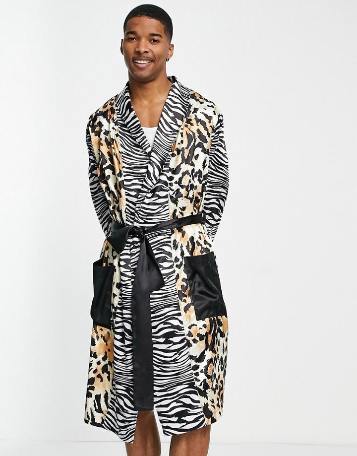 Asos Design Satin Dressing Gown With Spliced Animal Print - Part Of A Set-multi