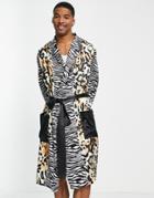 Asos Design Satin Dressing Gown With Spliced Animal Print - Part Of A Set-multi