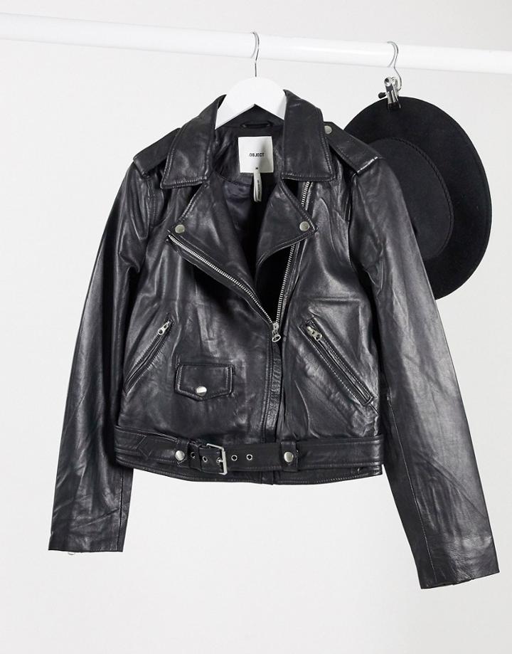 Object Real Leather Jacket In Black