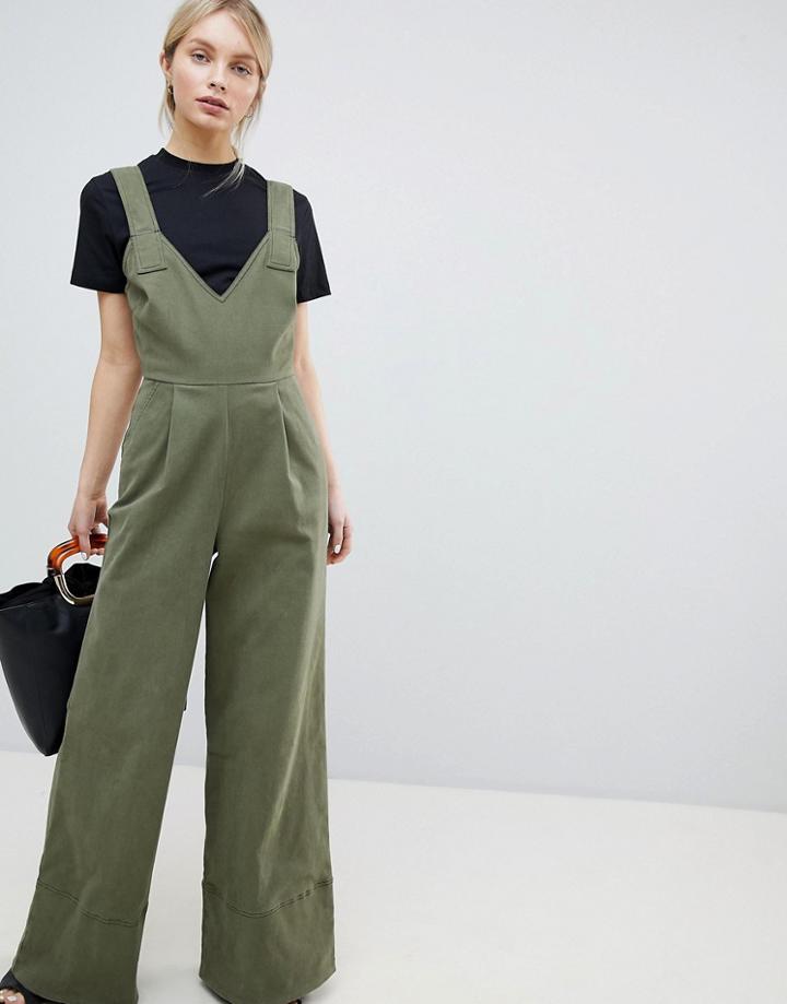 Asos Design Jumpsuit In Twill With Tie Detail And Wide Leg - Green