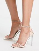 Bebo Amber Bridal Pearl Embellished Heeled Sandals With Square Toe In White Patent