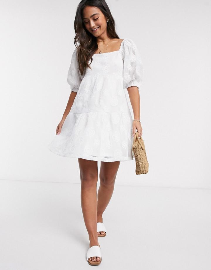 Asos Design Embroidered Lace Mini Smock Dress In White