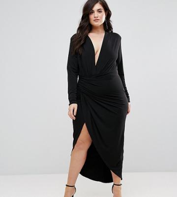 John Zack Plus Plunge Front Wrap Maxi Dress - Black
