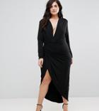 John Zack Plus Plunge Front Wrap Maxi Dress - Black