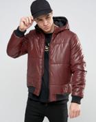 Asos Quilted Bomber Jacket With Hood In Burgundy - Red