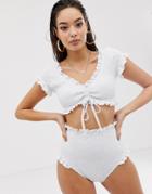 Asos Design Shirred Frill Tie Detail Crop Bikini Top In White - White