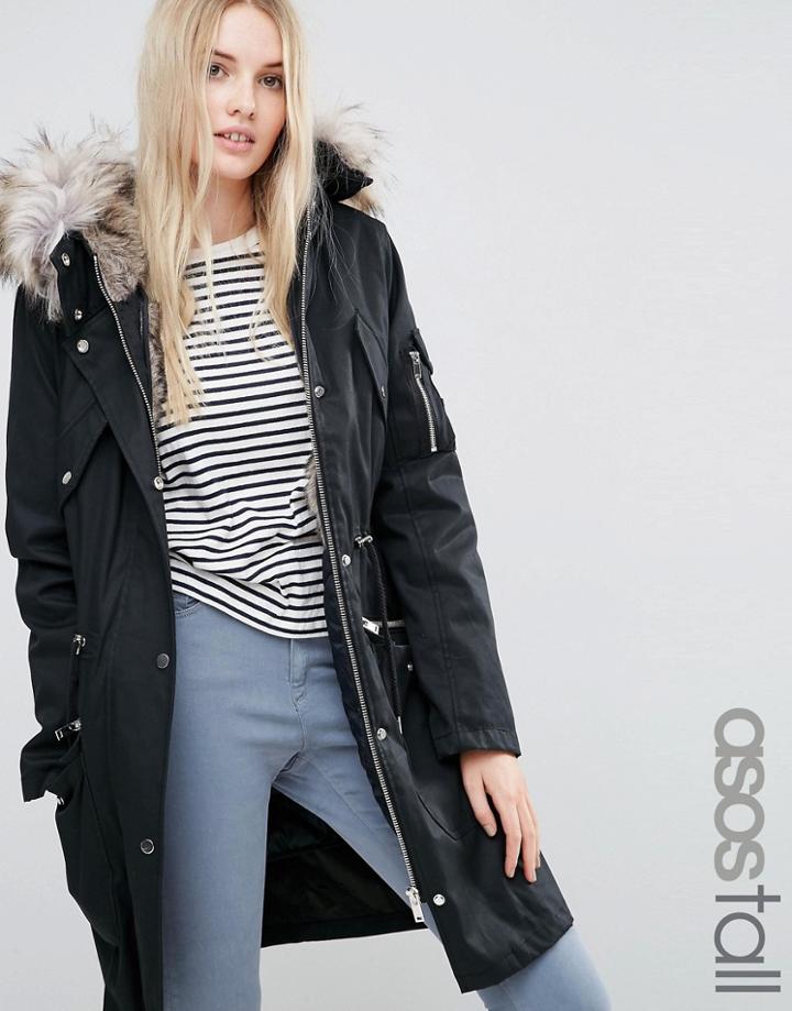 Asos Tall Parka With Detachable Faux Fur Liner - Black