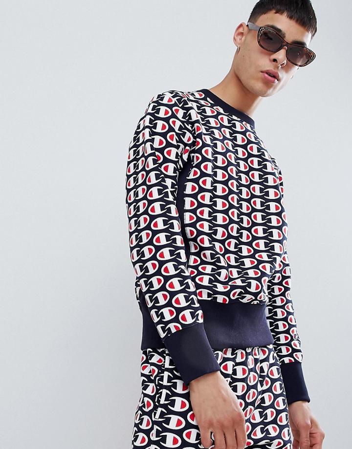 Champion Reverse Weave Sweatshirt With All Over Print In Navy