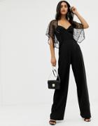 Asos Design Flutter Sleeve Jumpsuit With Wide Leg And Star Embellishment-black