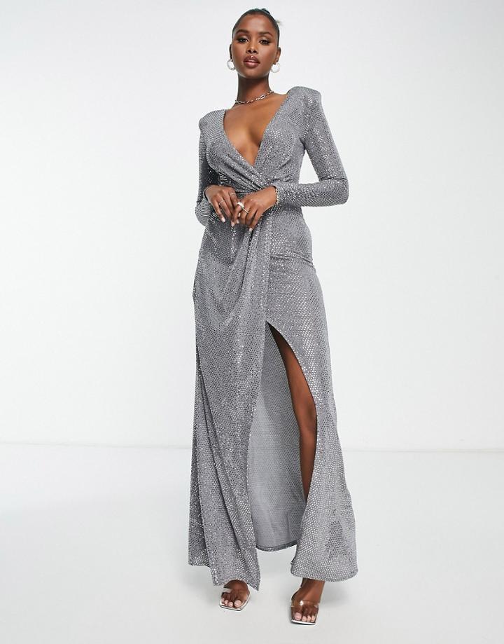 Goddiva Sequin Long Sleeve Wrap Front Maxi Dress In Silver