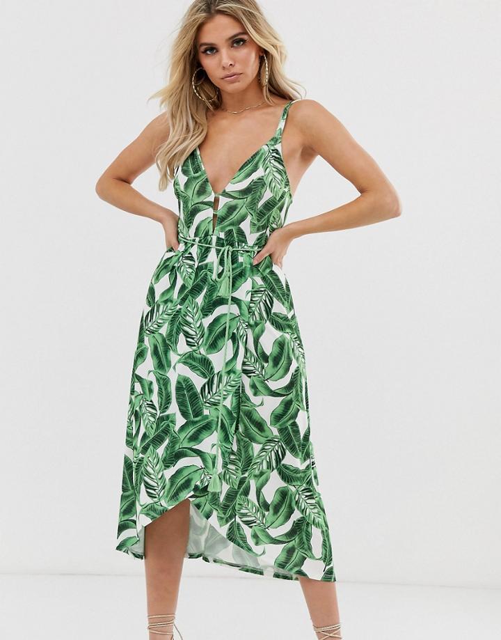 Asos Design Midi Wrap Sundress With Tassle Belt In Palm Print-white