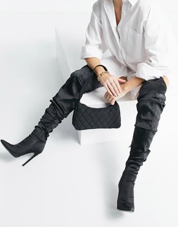 Asos Design Kammi Ruched Satin Over The Knee Boots In Black