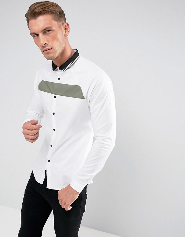 Asos Stretch Slim Shirt With Vertical Stripe And Rib Collar - White