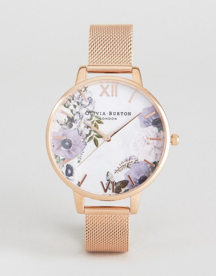 Olivia Burton Ob16mf06 Marble Floral Mesh Watch In Rose Gold - Gold