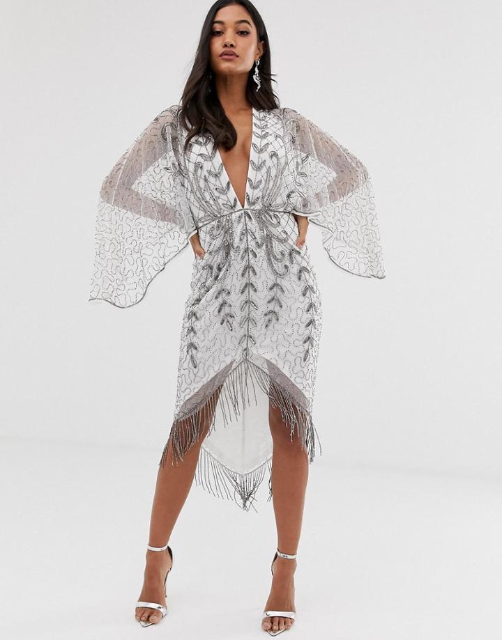 Asos Design Kimono Midi Dress With Delicate Beaded Embellishment - White