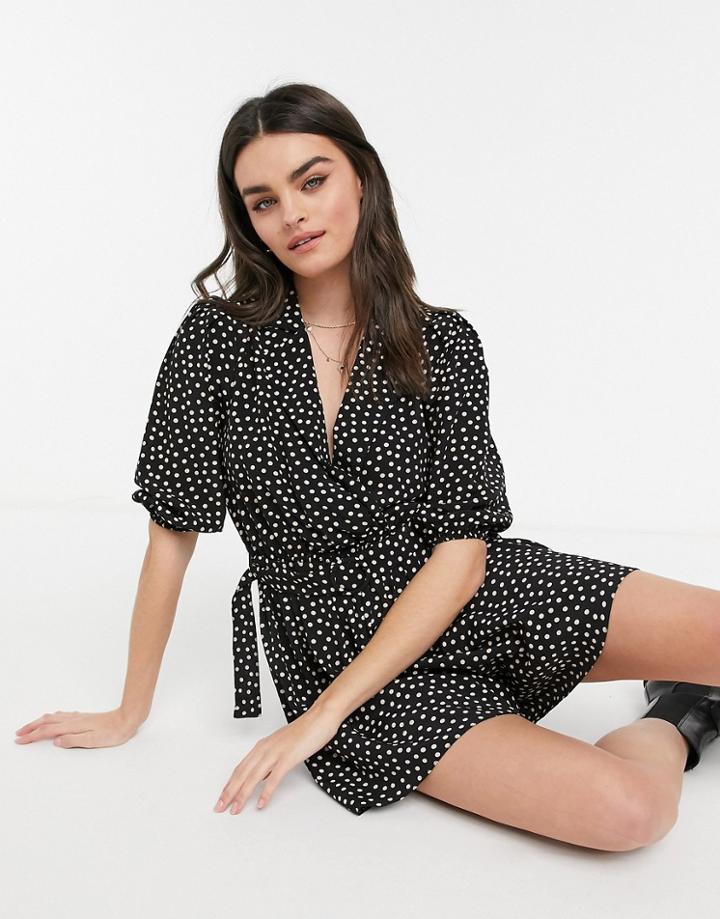 Asos Design Tux Collar Belted Romper In Dots Print-multi