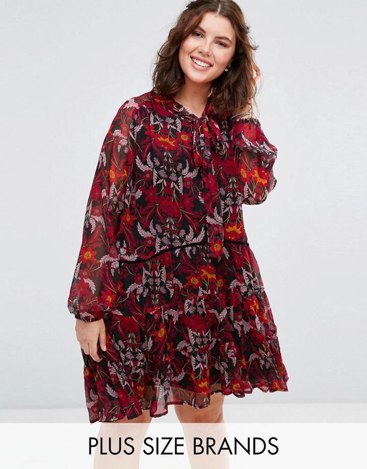 Alice & You Long Sleeve Floral Smock Dress With Tie Neck - Multi