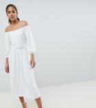 Asos Design Tall Bardot Midi Dress With Belt - White