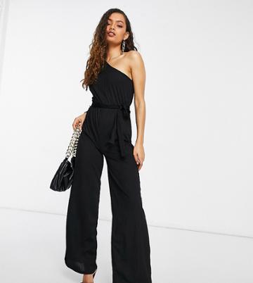 Club L Petite Ribbed One-shoulder Jumpsuit In Black