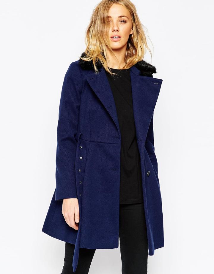 Asos Skater Coat With Faux Fur Collar - Navy