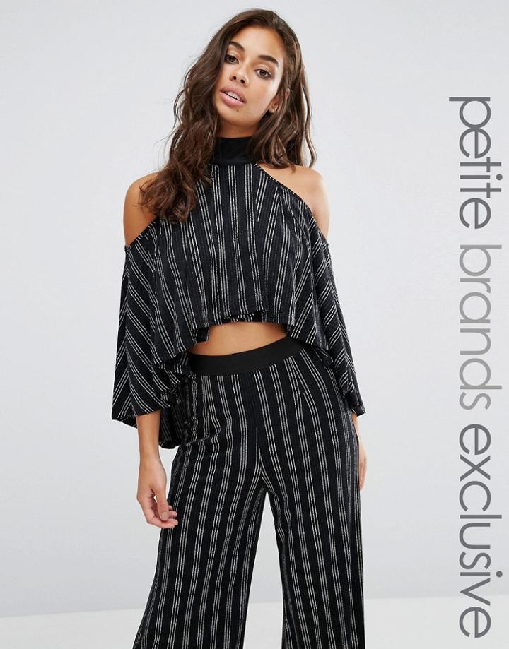 Naanaa Petite High Neck Layered Ruffle Crop Top In Glitter Stripe - Black