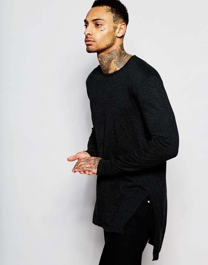 Asos Longline Side Split Sweater In Charcoal - Charcoal Twist