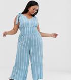 Asos Design Curve Shirred Waist Tie Shoulder Jumpsuit In Stripe Print-blue