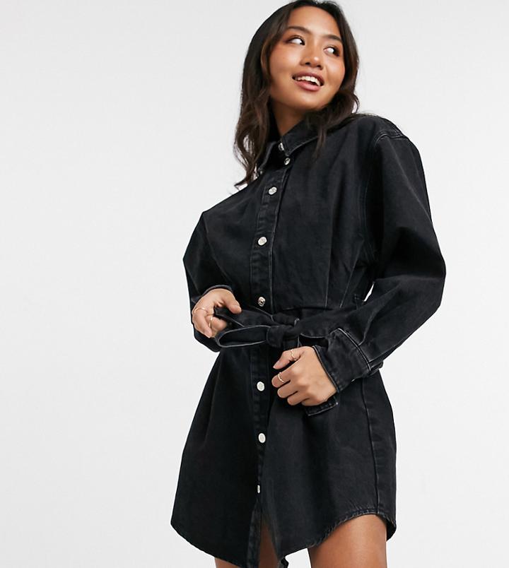 Asos Design Petite Denim Oversized Belted Shirt Dress In Washed Black
