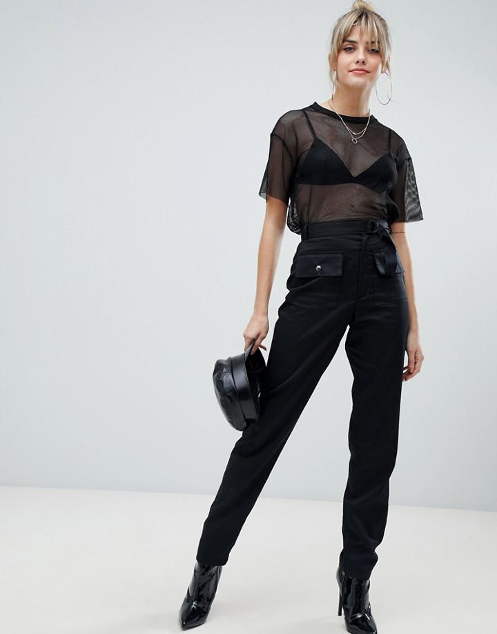 Prettylittlething Cargo Pocket Detail Straight Leg Pants In Black - Black