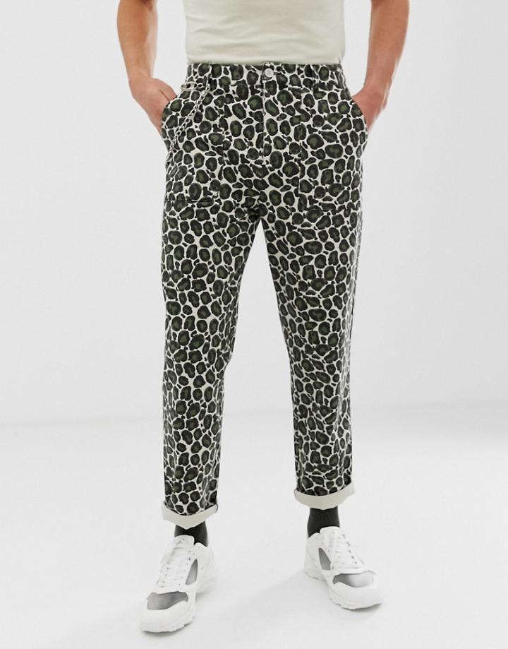 Asos Design Relaxed Fatigue Pants In Washed Animal Print - Stone